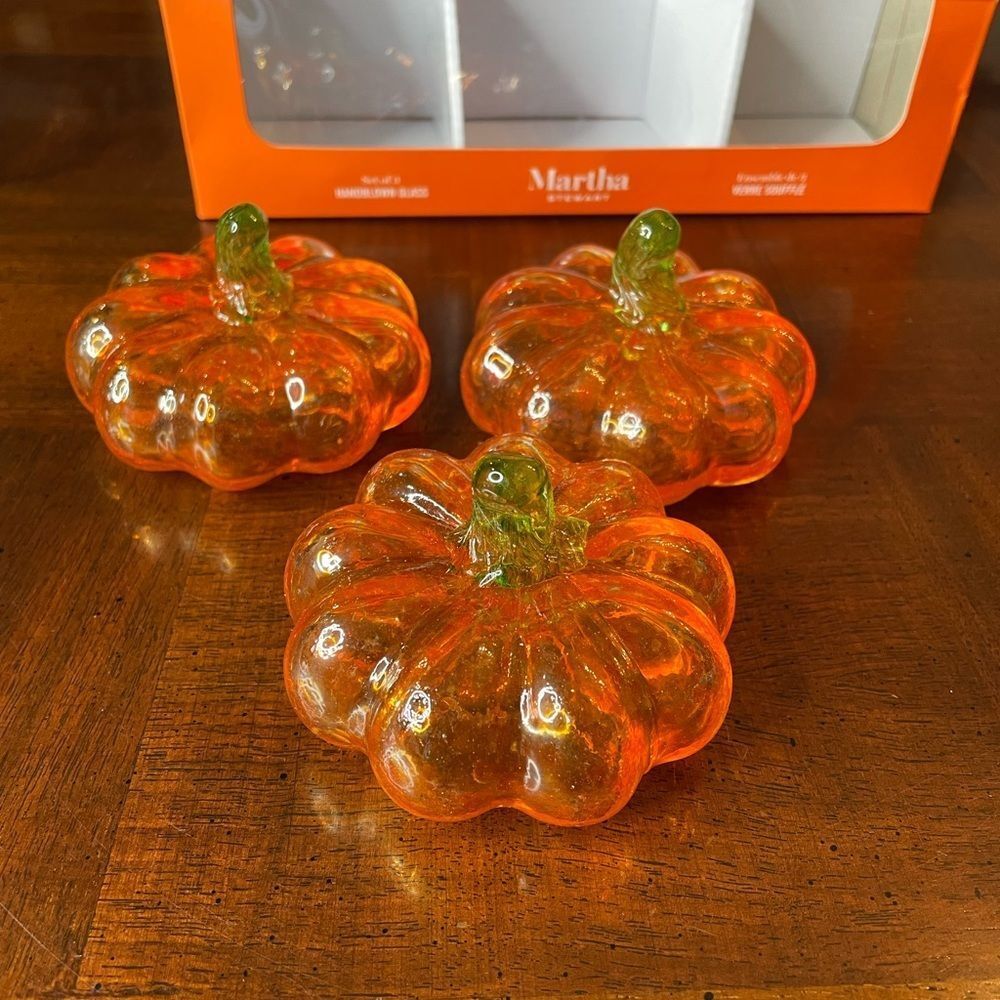 3 Martha Stewart Hand blown Glass Mini Orange Pumpkin Set  Fall Decor Tr…